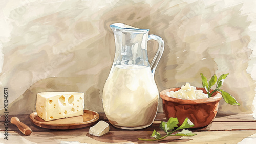 Carafe Milk Butter Hard Cheese Clay Plate with Curd Standing on Wooden Table Rustic Kitchen Scene Watercolor Illustration Background Dairy Products Farmhouse Organic Food Concept