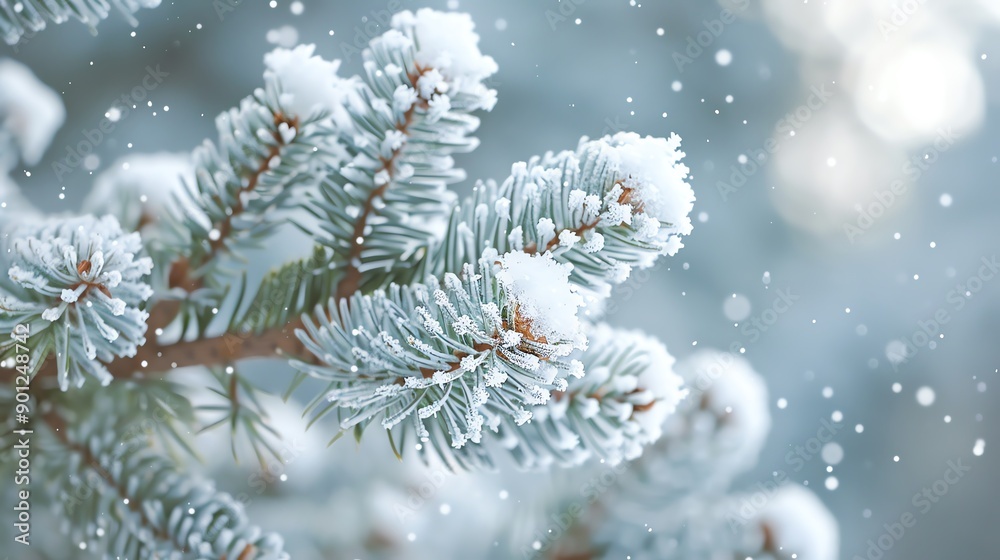 A close-up of a snow-covered pine branch with a soft, blurred background. A close-up of a snow-covered pine branch with a soft, blurred background.