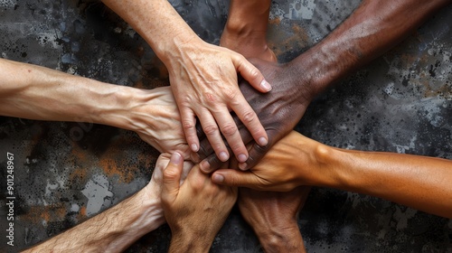 Diverse hands clasped together, symbolizing unity, teamwork, and collaboration.