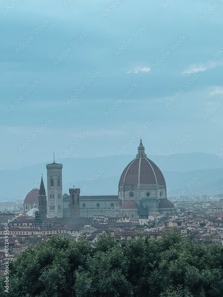 Fototapeta premium A large church with a dome sits on a hill. The sky is cloudy and the sun is not visible