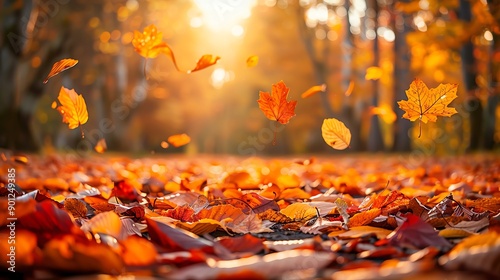 Golden leaves fall in a warm autumn forest, sunlight filtering through the trees.