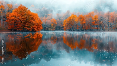 Serene autumn landscape with vibrant foliage reflected in a calm lake.