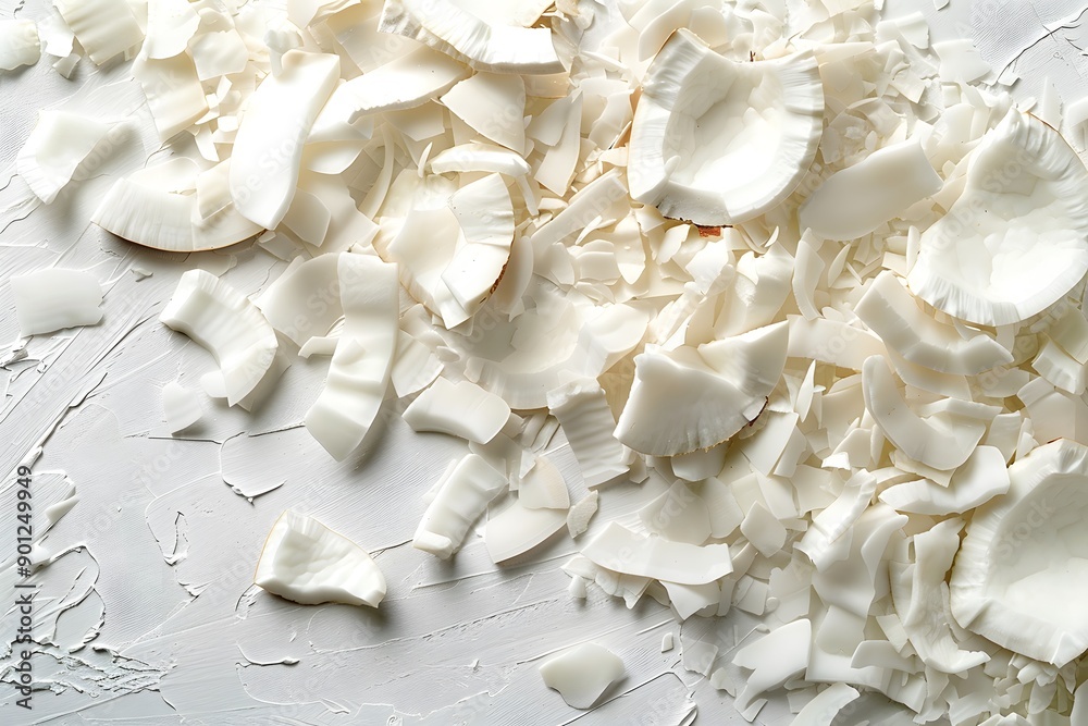 Freshly Shredded Coconut Flakes on a Textured Surface Freshly Shredded Coconut Flakes on a Textured Surface