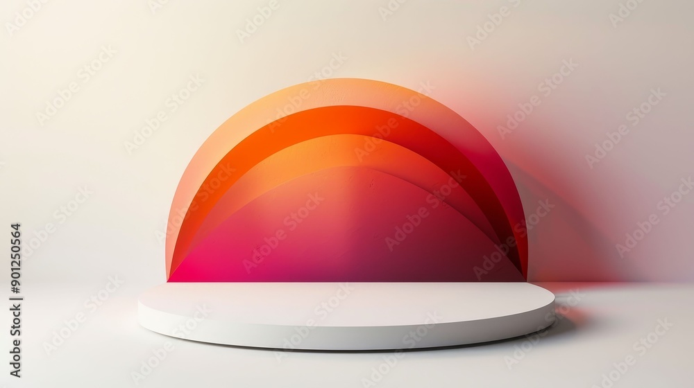 A vibrant abstract display featuring layered colorful arcs and a white circular platform, perfect for modern design themes.