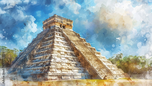 Chichen Itza Watercolor Illustration Background Ancient Mayan Ruins Archaeological Site Historical Landmark Central America Travel