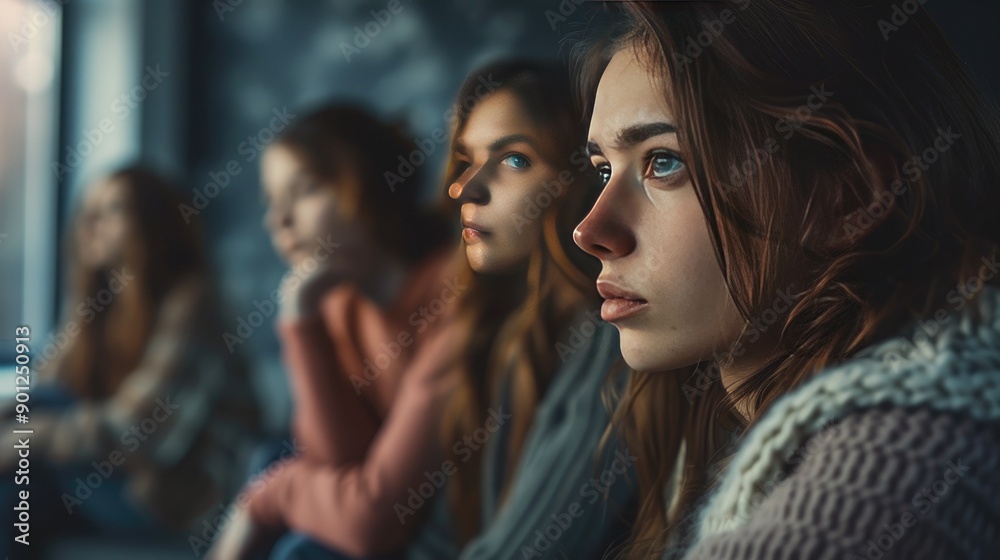 Reflective support group setting with a depressed woman sitting pensively, three other women in the background Reflective support group setting with a depressed woman sitting pensively, three other women in the background
