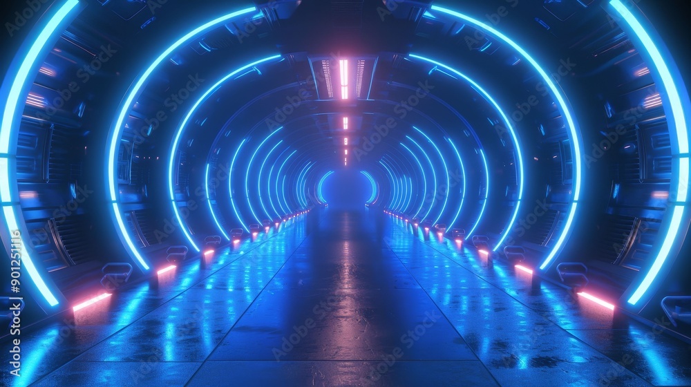 Futuristic hallway illuminated with vibrant blue and pink neon lights, creating a sci-fi atmosphere and endless perspective. Futuristic hallway illuminated with vibrant blue and pink neon lights, creating a sci-fi atmosphere and endless perspective.