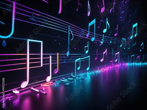 Abstract neon light music notes, glowing space background wallpaper