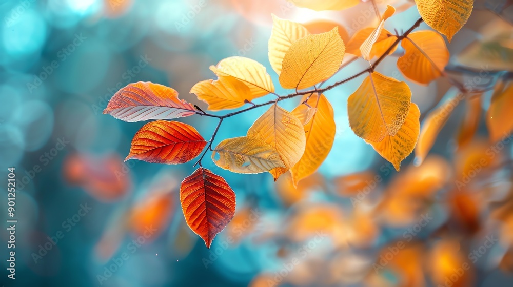 Vibrant autumn leaves in shades of orange, red and yellow against a soft blue background.