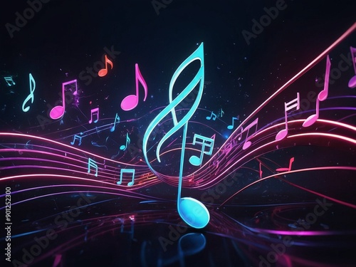 Abstract neon light music notes, glowing space background wallpaper