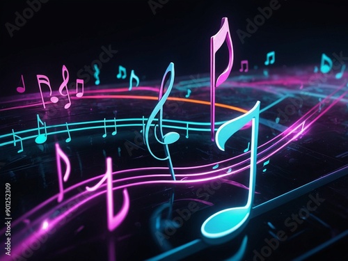 Abstract neon light music notes, glowing space background wallpaper