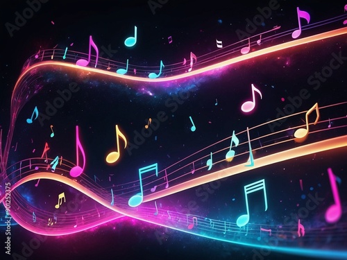 Abstract neon light music notes, glowing space background wallpaper