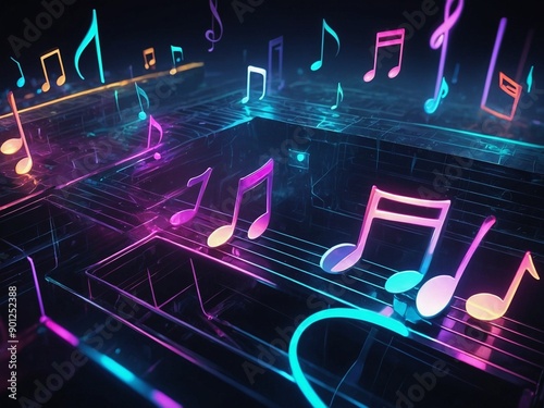 Abstract neon light music notes, glowing space background wallpaper