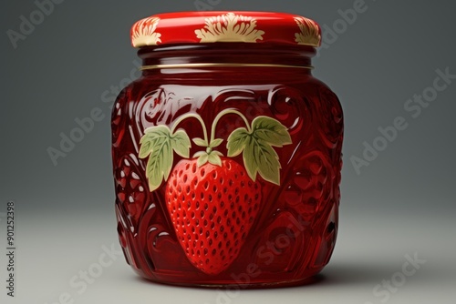 Elegant red glass jar with embossed strawberry detail, isolated on a gray background