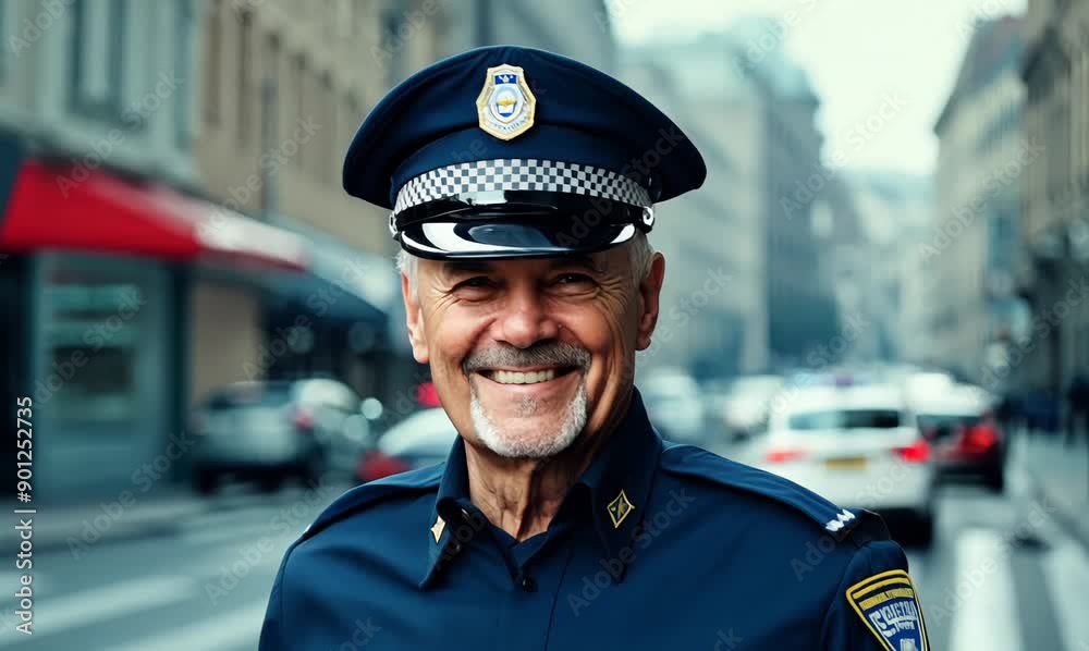 Portrait of a senior police officer smiling at the camera on the street Portrait of a senior police officer smiling at the camera on the street