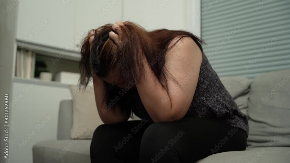 Sad Overweight plus size woman thinking about problems on sofa upset girl feeling lonely and sad from bad relationship or Depressed woman disorder mental health