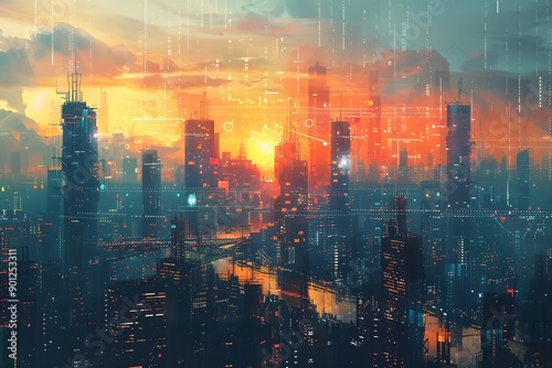 Futuristic Cityscape at Sunset with Digital Overlays