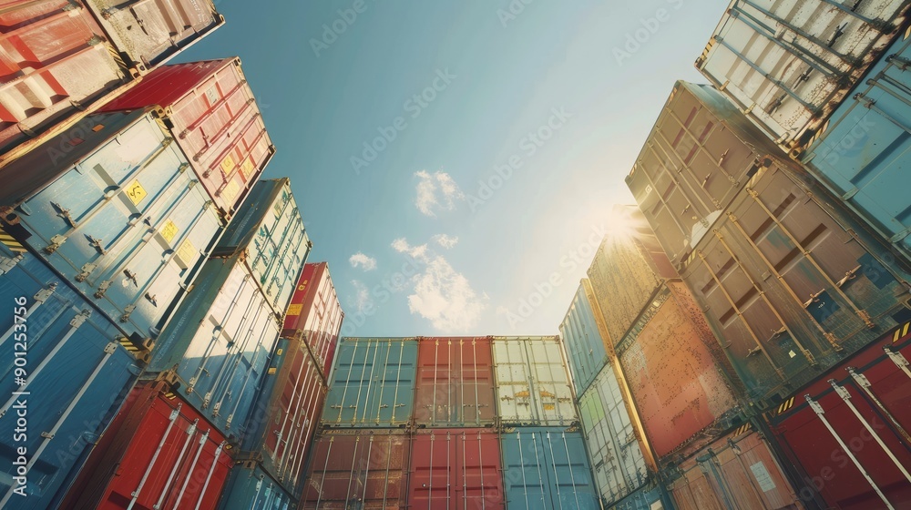 Fototapeta premium Stacked shipping containers in an industrial setting, clear sky and sunlight emphasizing their scale and metallic textures