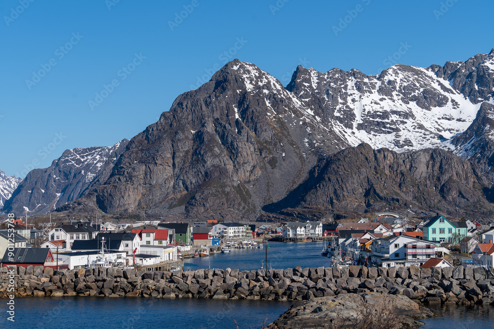 Fototapeta premium sea and village view from henningsvar lofoten norway