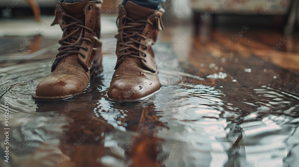 Close-up of a person's boots standing in a waterlogged living room, highlighting the impact of indoor flooding. This image underscores the urgent need for home restoration and flood damage repair. Close-up of a person's boots standing in a waterlogged living room, highlighting the impact of indoor flooding. This image underscores the urgent need for home restoration and flood damage repair.