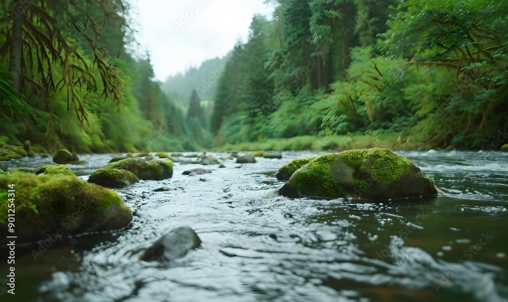 Obraz premium A calm stream flows through a lush forest, Generative AI