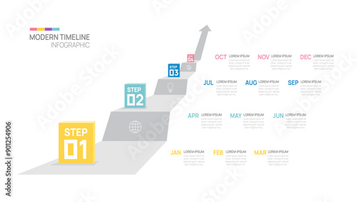 Arrow step timeline business infographic template. Modern milestone element timeline diagram calendar and 4 quarter, vector infographics.