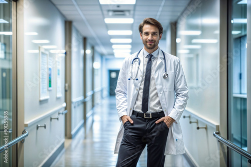 Confident Male Doctor in Modern Hospital Corridor