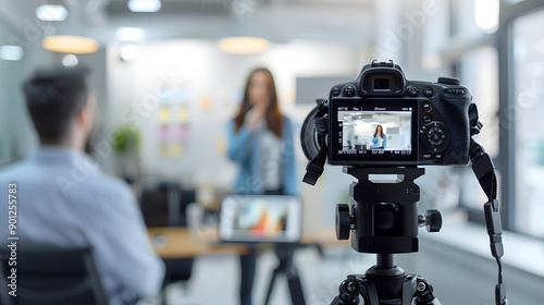 A video production setup in a modern office environment, capturing a professional interview with a camera focused on a woman speaking.