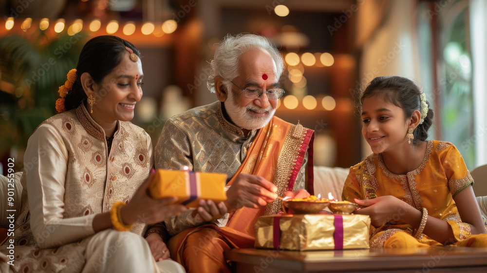 happy indian family opening gift box at home happy indian family opening gift box at home
