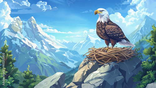 Eagle Sits in Nest on Mountaintop Cartoon Environment Adventure Mobile Game Wildlife Scene Nature Exploration Illustration Majestic Bird of Prey Scenic Mountain View