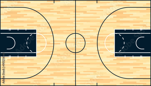 Top view of basketball court with markings, flat vector illustration