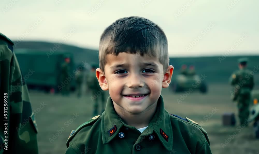 Little boy in military uniform on the background of military equipment. Selective focus. Little boy in military uniform on the background of military equipment. Selective focus.