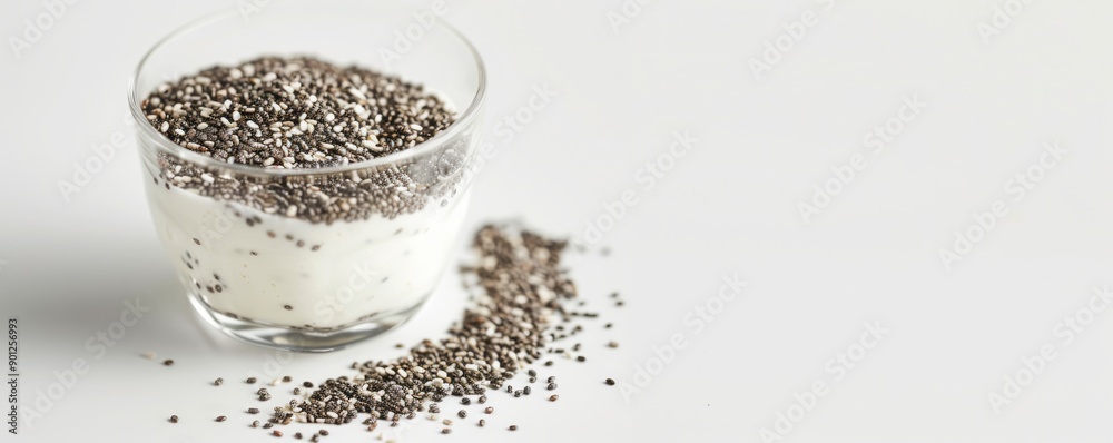 chia seeds in yogurt on white background. chia seeds in yogurt on white background.