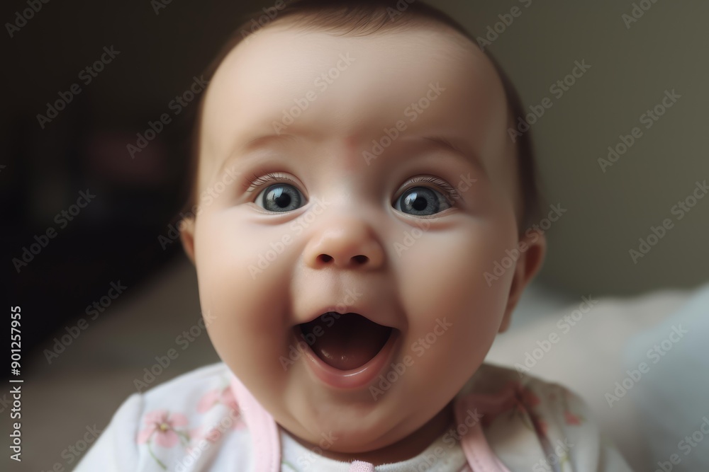 Close-up of a cute baby with an expressive, cheerful face, displaying wonder and happiness Close-up of a cute baby with an expressive, cheerful face, displaying wonder and happiness