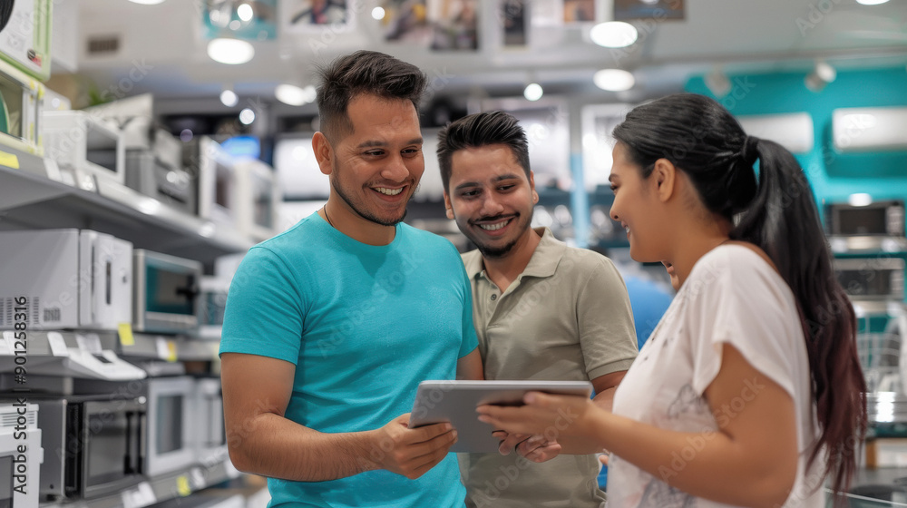 young man and woman standing inside of appliances store young man and woman standing inside of appliances store