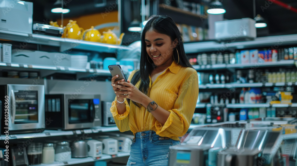 young indian woman using smartphone inside of kitchen store young indian woman using smartphone inside of kitchen store