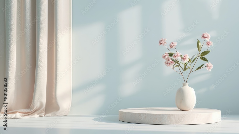Sophisticated beige product stand in a 3D environment, with a minimalistic pastel wall, geometric shapes, and silky textures. Sophisticated beige product stand in a 3D environment, with a minimalistic pastel wall, geometric shapes, and silky textures.