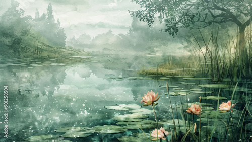 Fairy Tale Marsh Reeds Lilies Flowering Lilies Old Trees Sticking Out of Water Watercolor Illustration Background Enchanted Swamp Mystical Wetlands Fantasy Landscape