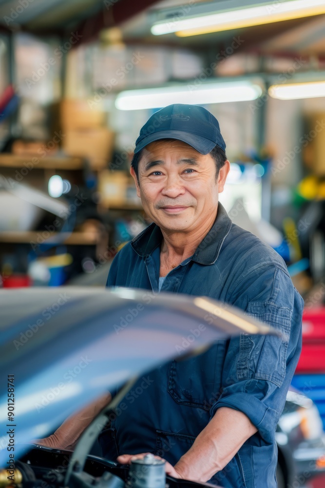 Portrait of an Asian family-owned auto repair shop with family working on cars, Generative AI Portrait of an Asian family-owned auto repair shop with family working on cars, Generative AI