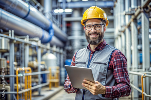 Smiling Engineer with Tablet in Modern Industrial Facility