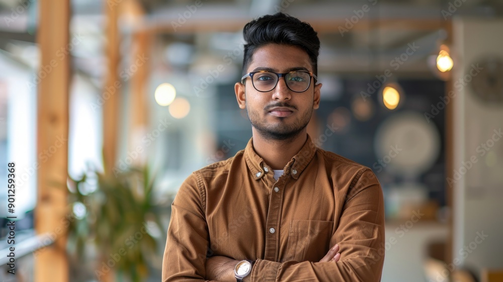Fototapeta premium A person wearing glasses stands with their arms crossed, looking calm and collected