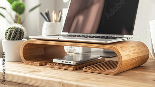 A bamboo laptop stand on a clean, organized desk with a modern aesthetic