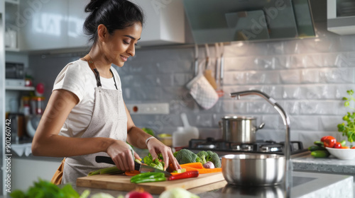 young indian woman cooking food at kitchen