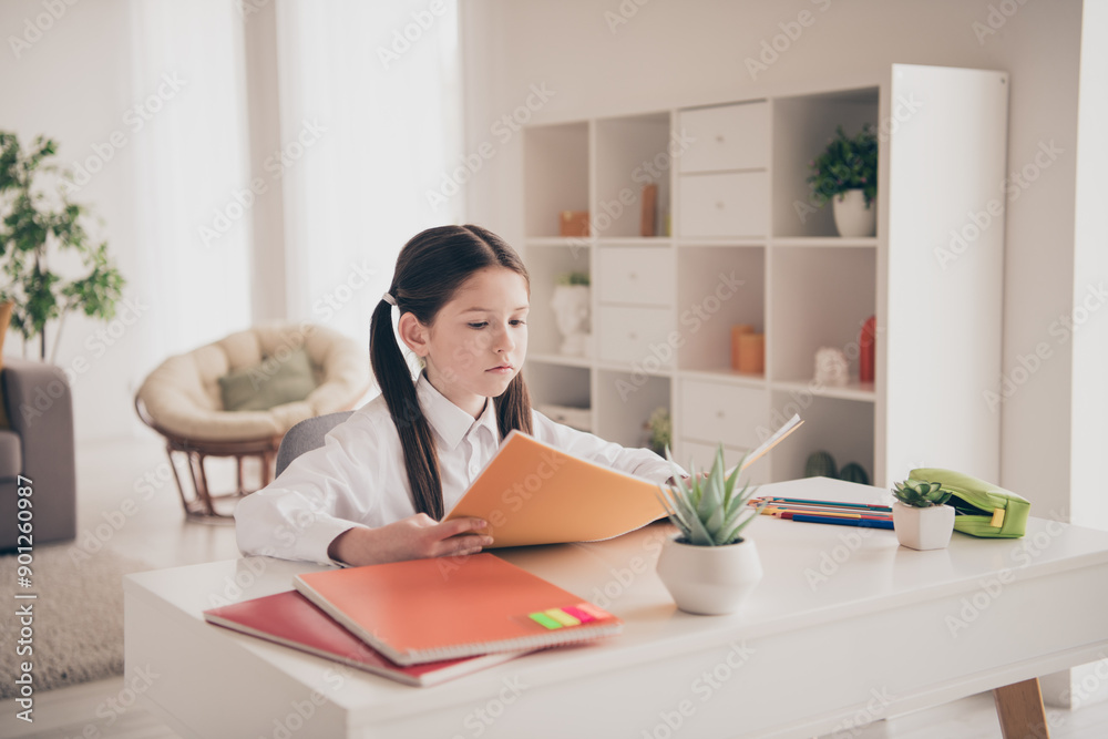 Photo portrait of small cute daughter reading workbook homework remote education home schooling isolated indoors background Photo portrait of small cute daughter reading workbook homework remote education home schooling isolated indoors background