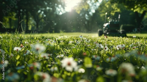 A lawn mower sits amidst a colorful array of flowers, providing a unique gardening scene