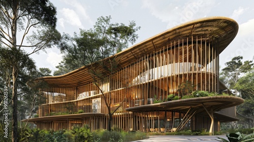 A modern building made from bamboo, blending seamlessly with nature