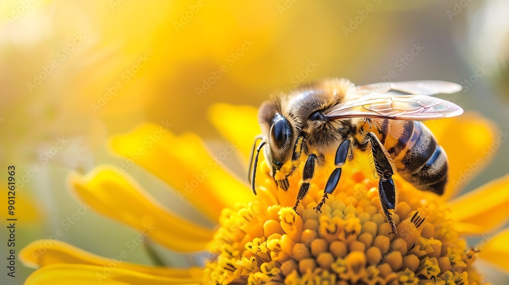 Honeybee Gathering Pollen on a Yellow Flower Honeybee Gathering Pollen on a Yellow Flower