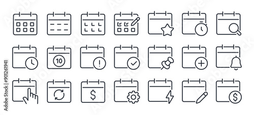 Calendar, agenda, plan editable stroke outline icons set isolated on white background flat vector illustration. Pixel perfect. 64 x 64.
