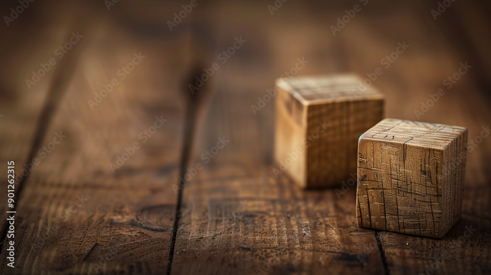 Close-up of two wooden cubes on rustic wooden surface. Close-up of two wooden cubes on rustic wooden surface.