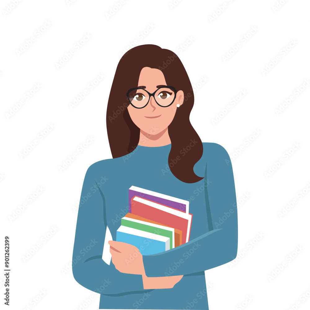 Young woman holding books. Flat vector illustration isolated on white background Young woman holding books. Flat vector illustration isolated on white background